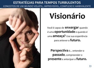 Visionário
Você é capaz de enxergar quando
é uma oportunidadee quando é
uma ameaça? Use sua experiência
para antever o futuro.
Perspectivaé... entender o
passado, compreender o
presentee antecipar o futuro.
ESTRATÉGIAS PARA TEMPOS TURBULENTOS
CONCEITOS DE UM MUNDO VOLÁTIL, IMPREVISÍVEL, COMPLEXO E AMBIVALENTE
33
 