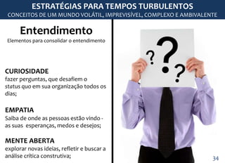 Entendimento
Elementos para consolidar o entendimento
CURIOSIDADE
fazer perguntas, que desafiem o
status quo em sua organização todos os
dias;
EMPATIA
Saiba de onde as pessoas estão vindo -
as suas esperanças, medos e desejos;
MENTE ABERTA
explorar novas ideias, refletir e buscar a
análise crítica construtiva;
ESTRATÉGIAS PARA TEMPOS TURBULENTOS
CONCEITOS DE UM MUNDO VOLÁTIL, IMPREVISÍVEL, COMPLEXO E AMBIVALENTE
34
 