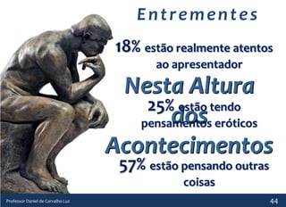 por Daniel de Carvalho Luz - Julho 2013
Entrementes
Nesta Altura
dos
Acontecimentos
18% estão realmente atentos
ao apresentador
25% estão tendo
pensamentos eróticos
57% estão pensando outras
coisas
Professor Daniel de Carvalho Luz 44
 
