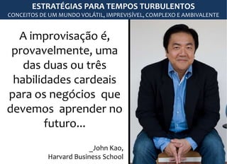 A improvisação é,
provavelmente, uma
das duas ou três
habilidades cardeais
para os negócios que
devemos aprender no
futuro...
_John Kao,
Harvard Business School
ESTRATÉGIAS PARA TEMPOS TURBULENTOS
CONCEITOS DE UM MUNDO VOLÁTIL, IMPREVISÍVEL, COMPLEXO E AMBIVALENTE
 