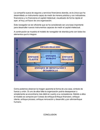 La compañía sueca de seguros y servicios financieros skandia, es la única que ha
desarrollado un instrumento capaz de medir de manera práctica y con indicadores
financieros y no financieros el capital intelectual, visualizado de forma rápida el
ayer, el hoy y el futuro de una organización.
Este navegador es tan eficiente que se ha considerado ser una base importante
para desarrollar nuevos instrumentos capaces de medir el capital intelectual.
A continuación se muestra el modelo de navegador de skandia junto con todos los
elementos que lo integran:
Como podemos observar la imagen aparenta la forma de una casa, símbolo de
fuerza y unión. Si uno de ellos falta la organización podría desaparecer o
simplemente se encontraría más débil en cuanto a su competencia. Debido a ellos
el modelo se compone por 5 áreas de enfoque:Enfoque financiero, enfoque
cliente, enfoque proceso, enfoque renovación y desarrollo y por ultimoenfoque
humano.
CONCLUSION
 