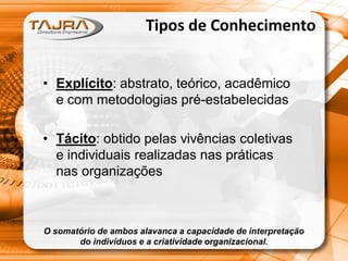 Tipos de Conhecimento
• Explícito: abstrato, teórico, acadêmico
e com metodologias pré-estabelecidas
• Tácito: obtido pelas vivências coletivas
e individuais realizadas nas práticas
nas organizações

O somatório de ambos alavanca a capacidade de interpretação
do indivíduos e a criatividade organizacional.

 