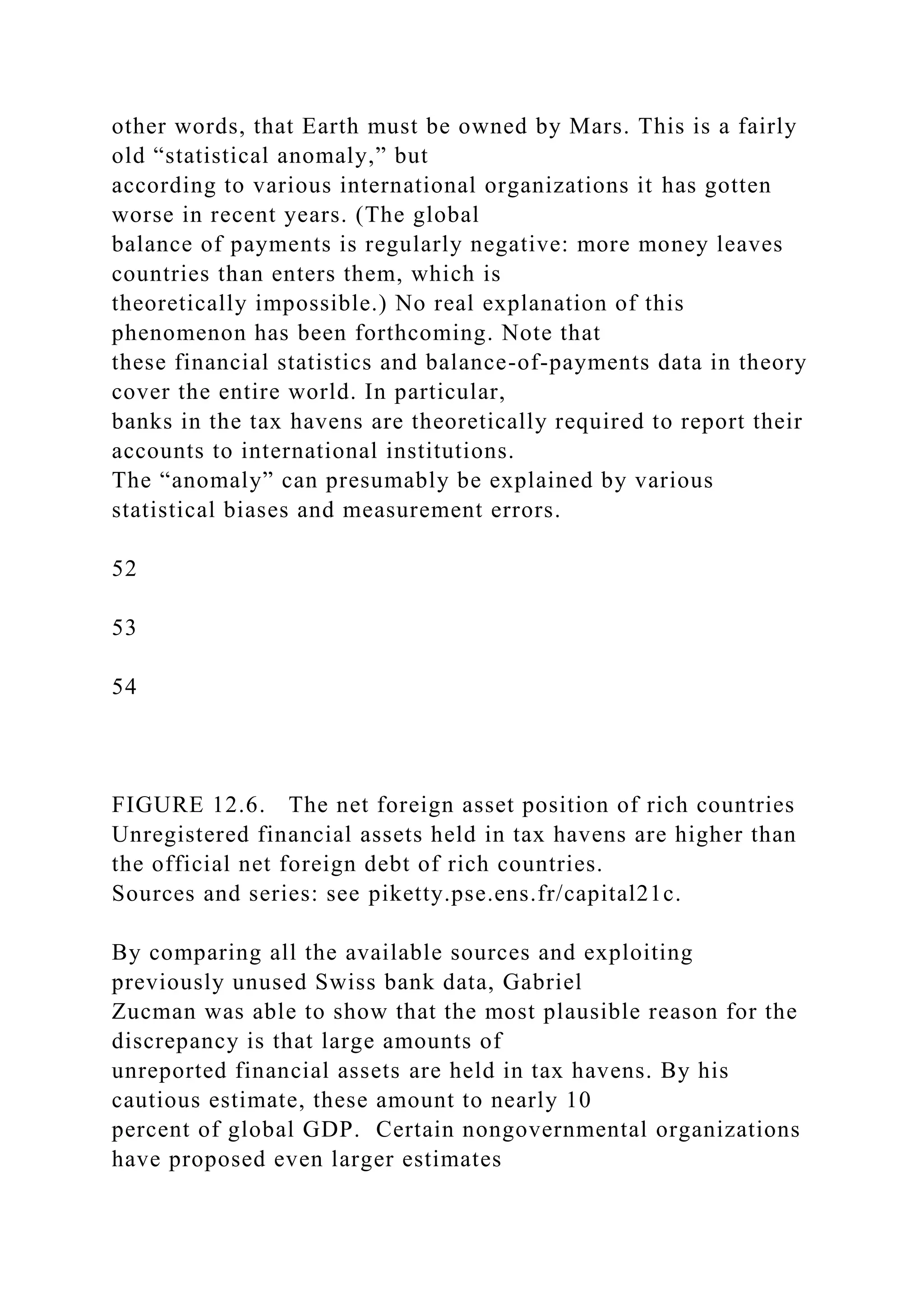 other words, that Earth must be owned by Mars. This is a fairly
old “statistical anomaly,” but
according to various international organizations it has gotten
worse in recent years. (The global
balance of payments is regularly negative: more money leaves
countries than enters them, which is
theoretically impossible.) No real explanation of this
phenomenon has been forthcoming. Note that
these financial statistics and balance-of-payments data in theory
cover the entire world. In particular,
banks in the tax havens are theoretically required to report their
accounts to international institutions.
The “anomaly” can presumably be explained by various
statistical biases and measurement errors.
52
53
54
FIGURE 12.6. The net foreign asset position of rich countries
Unregistered financial assets held in tax havens are higher than
the official net foreign debt of rich countries.
Sources and series: see piketty.pse.ens.fr/capital21c.
By comparing all the available sources and exploiting
previously unused Swiss bank data, Gabriel
Zucman was able to show that the most plausible reason for the
discrepancy is that large amounts of
unreported financial assets are held in tax havens. By his
cautious estimate, these amount to nearly 10
percent of global GDP. Certain nongovernmental organizations
have proposed even larger estimates
 