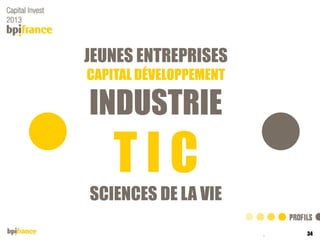JEUNES ENTREPRISES
CAPITAL DÉVELOPPEMENT

INDUSTRIE

TIC
SCIENCES DE LA VIE
34
Titre de la présentation

04/12/2013

 