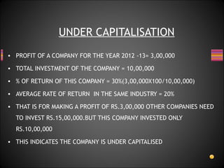 • PROFIT OF A COMPANY FOR THE YEAR 2012 -13= 3,00,000
• TOTAL INVESTMENT OF THE COMPANY = 10,00,000
• % OF RETURN OF THIS COMPANY = 30%(3,00,000X100/10,00,000)
• AVERAGE RATE OF RETURN IN THE SAME INDUSTRY = 20%
• THAT IS FOR MAKING A PROFIT OF RS.3,00,000 OTHER COMPANIES NEED
TO INVEST RS.15,00,000.BUT THIS COMPANY INVESTED ONLY
RS.10,00,000
• THIS INDICATES THE COMPANY IS UNDER CAPITALISED
UNDER CAPITALISATION
 