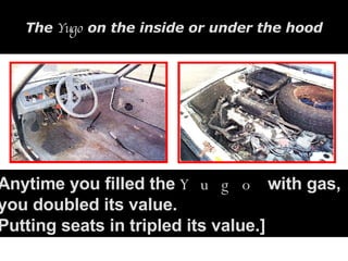 The  Yugo  on the inside or under the hood Anytime you filled the   Yugo  with gas,  you doubled its value.  Putting seats in tripled its value.] 