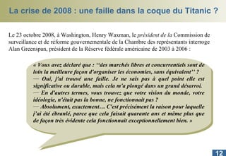 La crise de 2008 : une faille dans la coque du Titanic ? « Vous avez déclaré que : ‘‘des marchés libres et concurrentiels sont de loin la meilleure façon d'organiser les économies, sans équivalent’’ ?  Oui, j'ai trouvé une faille. Je ne sais pas à quel point elle est significative ou durable, mais cela m'a plongé dans un grand désarroi.  En d'autres termes, vous trouvez que votre vision du monde, votre idéologie, n'était pas la bonne, ne fonctionnait pas ?  Absolument, exactement… C'est précisément la raison pour laquelle j’ai été ébranlé, parce que cela faisait quarante ans et même plus que de façon très évidente cela fonctionnait exceptionnellement bien. »   Le 23 octobre 2008, à Washington, Henry Waxman, le  président de la  Commission de surveillance et de réforme gouvernementale de la Chambre des représentants interroge Alan Greenspan, président de la Réserve fédérale américaine de 2003 à 2006 :    