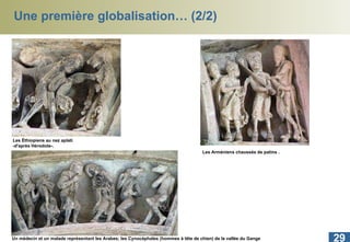 Une première globalisation… (2/2) Les Éthiopiens au nez aplati  -d'après Hérodote-. Les Arméniens chaussés de patins . Un médecin et un malade représentant les Arabes; les Cynocéphales (hommes à tête de chien) de la vallée du Gange                                        