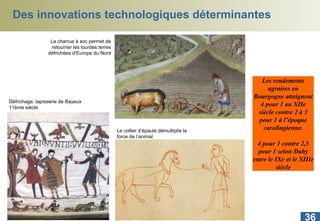 Des innovations technologiques déterminantes Les rendements agraires en Bourgogne atteignent 4 pour 1 au XIIe siècle contre 2 à 3 pour 1 à l’époque carolingienne. 4 pour 1 contre 2,5 pour 1 selon Duby entre le IXe et le XIIIe siècle La charrue à soc permet de retourner les lourdes terres défrichées d’Europe du Nord Défrichage, tapisserie de Bayeux 11ème siècle Le collier d’épaule démultiplie la force de l’animal 