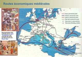 Routes économiques médiévales Représentation des activités de la  Ligue   hanséatique  qui contrôle les mers du Nord à la fin du  Moyen   Âge   
