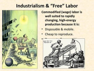 Industrialism & “Free” Labor
Commodified (wage) labor is
well suited to rapidly
changing, high-energy
production because it is:
• Disposable & mobile.
• Cheap to reproduce.
• Desperate & competitive.
 