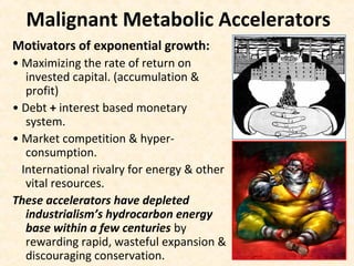 Malignant Metabolic Accelerators
Motivators of exponential growth:
• Maximizing the rate of return on
invested capital. (accumulation &
profit)
• Debt + interest based monetary
system.
• Market competition & hyper-
consumption.
• International rivalry for energy & other
vital resources.
These accelerators have depleted
industrialism’s hydrocarbon energy
base within a few centuries by
rewarding rapid, wasteful expansion &
discouraging conservation.
 