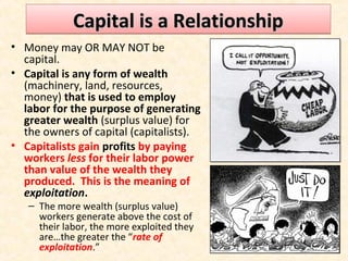Capital is a RelationshipCapital is a RelationshipCapital is a RelationshipCapital is a Relationship
• Money may OR MAY NOT be
capital.
• Capital is any form of wealth
(machinery, land, resources,
money) that is used to employ
labor for the purpose of generating
greater wealth (surplus value) for
the owners of capital (capitalists).
• Capitalists gain profits by paying
workers less for their labor power
than value of the wealth they
produced. This is the meaning of
exploitation.
– The more wealth (surplus value)
workers generate above the cost of
their labor, the more exploited they
are…the greater the “rate of
exploitation.”
 