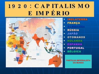1920: CAPITALISMO E IMPÉRIO INGLATERRA FRANÇA ALEMANHA RÚSSIA JAPÃO OTOMANOS HOLANDA ESPANHA PORTUGAL BÉLGICA PARTILHA IMPERIALISTA DO MUNDO 
