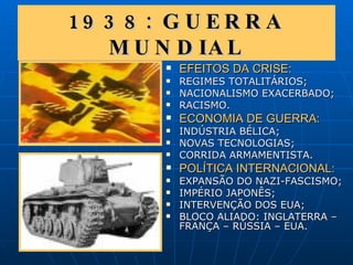 1938: GUERRA MUNDIAL EFEITOS DA CRISE: REGIMES TOTALITÁRIOS; NACIONALISMO EXACERBADO; RACISMO. ECONOMIA DE GUERRA: INDÚSTRIA BÉLICA; NOVAS TECNOLOGIAS; CORRIDA ARMAMENTISTA. POLÍTICA INTERNACIONAL: EXPANSÃO DO NAZI-FASCISMO; IMPÉRIO JAPONÊS; INTERVENÇÃO DOS EUA; BLOCO ALIADO: INGLATERRA – FRANÇA – RÚSSIA – EUA. 