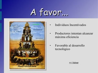 A favor... Individuos Incentivados Productores intentan alcanzar máxima eficiencia Favorable al desarrollo tecnológico << Volver 