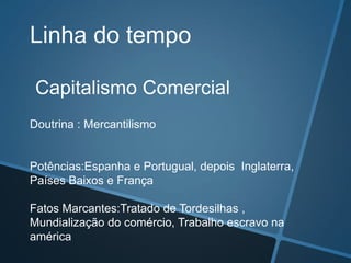 Linha do tempo
Capitalismo Comercial
Doutrina : Mercantilismo
Potências:Espanha e Portugual, depois Inglaterra,
Países Baixos e França
Fatos Marcantes:Tratado de Tordesilhas ,
Mundialização do comércio, Trabalho escravo na
américa
 