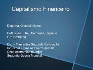 Doutrina:Keynesianismo
Potências:EUA, Alemanha, Japão e
Grã-Bretanha –
Fatos Marcantes:Segunda Revolução
Industrial, Primeira Guerra mundial,
Crise econômica mundial
Segunda Guerra Mundial.
Capitalismo Financeiro
 