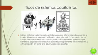Tipos de sistemas capitalistas
 Existen distintas variantes del capitalismo que se diferencian de acuerdo a
la relación entre el mercado, el Estado y la sociedad. Por supuesto, todas
comparten características como la producción de bienes y servicios por
beneficio, asignación de recursos basada principalmente en el mercado, y
estructuración en torno a la acumulación de capital.
 