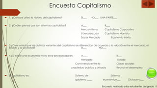 Encuesta Capitalismo
 1. ¿Conoce usted la historia del capitalismo? SI___ NO___ UNA PARTE___
 2. ¿Cuáles piensa que son sistemas capitalistas? A___ B___
Mercantilismo Capitalismo Corporativo
Libre Mercado Capitalismo Marxista
Social Mercado Economía Mixta
 3.¿Cree usted que las distintas variantes del capitalismo se diferencian de acuerdo a la relación entre el mercado, el
Estado y la sociedad? SI___ NO___
 4.¿Si existe una economía mixta esta esta basada en: A____ B___
Mercado Estado
Convivencia entre la Clases sociales
propiedad publica y privada Reducir el desempleo
 El capitalismo es: Sistema de Sistema
gobierno ____ económico___ Dictadura___
Encuesta realizada a los estudiantes del grado 11
 