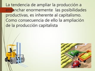 La tendencia de ampliar la producción a
ensanchar enormemente las posibilidades
productivas, es inherente al capitalismo.
Como consecuencia de ello la ampliación
de la producción capitalista
 