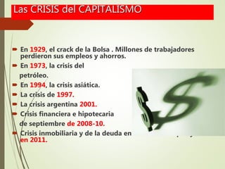 Las CRISIS del CAPITALISMO
 En 1929, el crack de la Bolsa . Millones de trabajadores
perdieron sus empleos y ahorros.
 En 1973, la crisis del
petróleo.
 En 1994, la crisis asiática.
 La crisis de 1997.
 La crisis argentina 2001.
 Crisis financiera e hipotecaria
de septiembre de 2008-10.
 Crisis inmobiliaria y de la deuda en la Unión Europea y USA
en 2011.
 