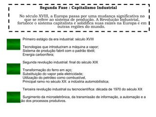 Segunda Fase : Capitalismo Industrial  No século XVIII, a Europa passa por uma mudança significativa no que se refere ao sistema de produção. A Revolução Industrial, fortalece o sistema capitalista e solidifica suas raízes na Europa e em outras regiões do mundo.  Primeiro estágio da era industrial: século XVIII Tecnologias que introduziram a máquina a vapor; Sistema de produção fabril com o padrão têxtil; Energia carbonífera; Segunda revolução industrial: final do século XIX   Transformação do ferro em aço; Substituição do vapor pela eletricidade; Utilização do petróleo como combustível, Principal ramo no século XX: a indústria automobilística;  Terceira revolução industrial ou tecnocientífica: década de 1970 do século XX    Surgimento da microeletrônica, da transmissão de informação, a automação e a robotização dos processos produtivos.  