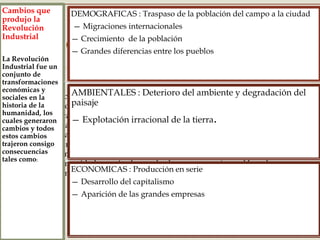 
¿Qué fue la Revolución Industrial?
La Revolución Industrial es el proceso de transformación económica, social y
tecnológica. El mundo ha vivido tres revoluciones industriales y
tecnológicas. La primera revolución industrial se desarrolló durante el siglo
XIX ,la segunda revolución industrial desde mediados del siglo XX
La tercera revolución industrial se inició se produce en la década de 1970.
Durante los siguientes periodos se vivió el mayor conjunto de
transformaciones económicas, tecnológicas y sociales de la historia de la
humanidad que vio el paso desde una economía rural basada
fundamentalmente en la agricultura y el comercio a una economía de
carácter urbano, industrializada y mecanizada.
Cambios que
produjo la
Revolución
Industrial
La Revolución
Industrial fue un
conjunto de
transformaciones
económicas y
sociales en la
historia de la
humanidad, los
cuales generaron
cambios y todos
estos cambios
trajeron consigo
consecuencias
tales como:
DEMOGRAFICAS : Traspaso de la población del campo a la ciudad
— Migraciones internacionales
— Crecimiento de la población
— Grandes diferencias entre los pueblos
AMBIENTALES : Deterioro del ambiente y degradación del
paisaje
— Explotación irracional de la tierra.
ECONOMICAS : Producción en serie
— Desarrollo del capitalismo
— Aparición de las grandes empresas
 