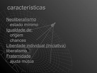 ccaarraacctteerrííssttiiccaass 
NNeeoolliibbeerraalliissmmoo 
eessttaaddoo mmíínniimmoo 
IIgguuaallddaaddee ddee:: 
oorriiggeemm 
cchhaanncceess 
LLiibbeerrddaaddee iinnddiivviidduuaall ((IInniicciiaattiivvaa)) 
lliibbeerraalliissmmoo 
FFrraatteerrnniiddaaddee 
aajjuuddaa mmúúttuuaa 
 