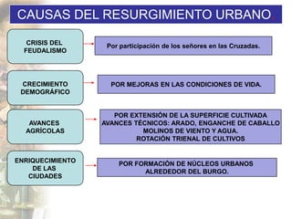 CAUSAS DEL RESURGIMIENTO URBANO.

   CRISIS DEL      Por participación de los señores en las Cruzadas.
  FEUDALISMO




 CRECIMIENTO        POR MEJORAS EN LAS CONDICIONES DE VIDA.
 DEMOGRÁFICO


                     POR EXTENSIÓN DE LA SUPERFICIE CULTIVADA
   AVANCES        AVANCES TÉCNICOS: ARADO, ENGANCHE DE CABALLO
  AGRÍCOLAS                 MOLINOS DE VIENTO Y AGUA.
                           ROTACIÓN TRIENAL DE CULTIVOS


ENRIQUECIMIENTO       POR FORMACIÓN DE NÚCLEOS URBANOS
    DE LAS                  ALREDEDOR DEL BURGO.
   CIUDADES
 