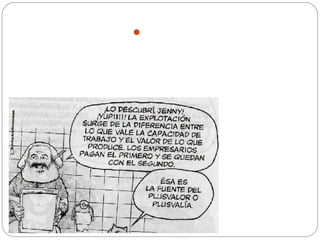 Marxismo Plantea que la riqueza de la burguesía
no se genera por ser propietarios de los
medios de producción, sino por la
plusvalía sobre la fuerza de trabajo,
que es una mercancía más.
 