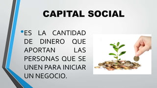 CAPITAL SOCIAL
•ES LA CANTIDAD
DE DINERO QUE
APORTAN LAS
PERSONAS QUE SE
UNEN PARA INICIAR
UN NEGOCIO.
 