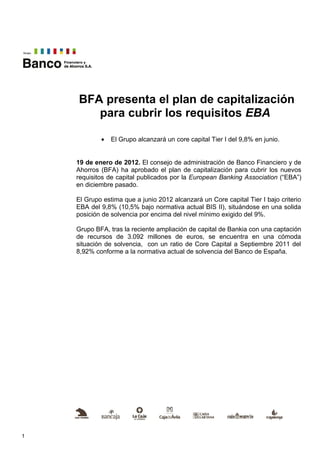 BFA presenta el plan de capitalización para cubrir los requisitos EBA 