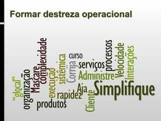 “glocal”
 organização
      Mascare
         complexidade
     execução


produtos
         sistêmica
         Corrija
     rapidez
                       curso


Cliente
           serviços
           Administre

              processos
            Velocidade
                               Formar destreza operacional




           Interações
           Aja Simplifique
 