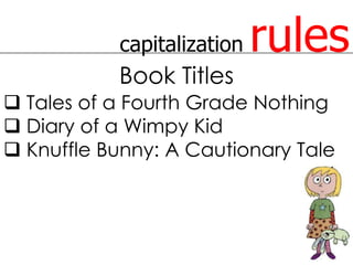 capitalization   rules
           Book Titles
 Tales of a Fourth Grade Nothing
 Diary of a Wimpy Kid
 Knuffle Bunny: A Cautionary Tale
 