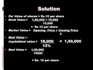 Solution
 Par Value of shares = Rs.10 per share
 Book Value = 1,50,000 + 75,000
15,000
= Rs 15 per share
 Market Value ...
