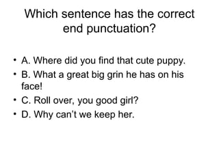 Which sentence has the correct
end punctuation?
• A. Where did you find that cute puppy.
• B. What a great big grin he has on his
face!
• C. Roll over, you good girl?
• D. Why can’t we keep her.
 