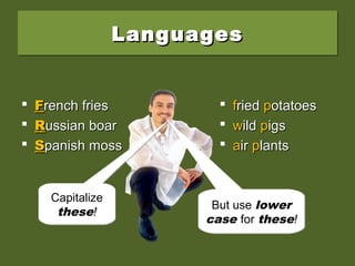 LanguagesLanguagesLanguagesLanguages
 FFrench friesrench fries
 RRussian boarussian boar
 SSpanish mosspanish moss
 ffriedried ppotatoesotatoes
 wwildild ppigsigs
 aairir pplantslants
Capitalize
these!
Capitalize
these! But use lower
case for these!
But use lower
case for these!
 