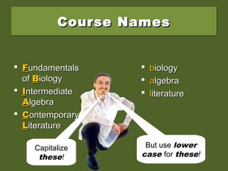 Course NamesCourse NamesCourse NamesCourse Names
 FFundamentalsundamentals
ofof BBiologyiology
 IIntermediatentermediate
AAlgebralgebra
 CContemporaryontemporary
LLiteratureiterature
 bbiologyiology
 aalgebralgebra
 lliteratureiterature
Capitalize
these!
Capitalize
these!
But use lower
case for these!
But use lower
case for these!
 