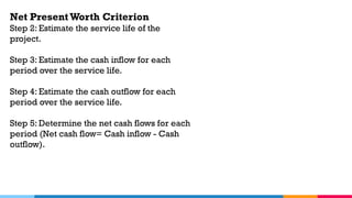 Net Present Worth Criterion
Step 2: Estimate the service life of the
project.
Step 3: Estimate the cash inflow for each
period over the service life.
Step 4: Estimate the cash outflow for each
period over the service life.
Step 5: Determine the net cash flows for each
period (Net cash flow= Cash inflow - Cash
outflow).
 