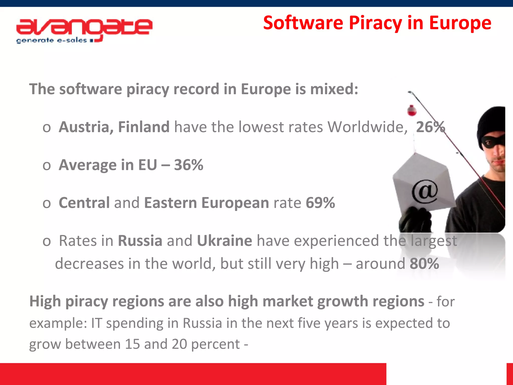 Software Piracy in Europe The software piracy record in Europe is mixed: Austria, Finland  have the lowest rates Worldwide,  26%  Average in EU – 36% Central  and  Eastern European  rate  69% Rates in  Russia  and  Ukraine  have experienced the largest decreases in the world, but still very high – around  80% High piracy regions are also high market growth regions  - for example: IT spending in Russia in the next five years is expected to grow between 15 and 20 percent - 