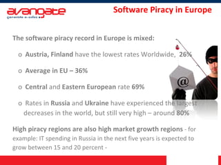 Software Piracy in Europe The software piracy record in Europe is mixed: Austria, Finland  have the lowest rates Worldwide,  26%  Average in EU – 36% Central  and  Eastern European  rate  69% Rates in  Russia  and  Ukraine  have experienced the largest decreases in the world, but still very high – around  80% High piracy regions are also high market growth regions  - for example: IT spending in Russia in the next five years is expected to grow between 15 and 20 percent - 
