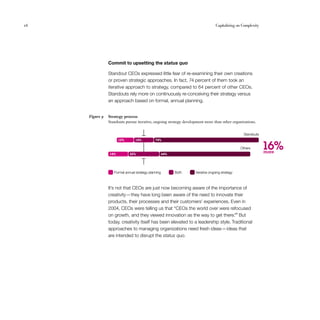 26                                                                               Capitalizing on Complexity




                Commit to upsetting the status quo

                Standout CEOs expressed little fear of re-examining their own creations
                or proven strategic approaches. In fact, 74 percent of them took an
                iterative approach to strategy, compared to 64 percent of other CEOs.
                Standouts rely more on continuously re-conceiving their strategy versus
                an approach based on formal, annual planning.


     Figure 9   Strategy process
                Standouts pursue iterative, ongoing strategy development more than other organizations.


                                                                                                 Standouts


                                                                                                              16%
                      12%        14%          74%

                                                                                                Others
                14%          22%                     64%
                                                                                                              more



                   Formal annual strategy planning         Both    Iterative ongoing strategy



                It’s not that CEOs are just now becoming aware of the importance of
                creativity — they have long been aware of the need to innovate their
                products, their processes and their customers’ experiences. Even in
                2004, CEOs were telling us that “CEOs the world over were refocused
                on growth, and they viewed innovation as the way to get there.”6 But
                today, creativity itself has been elevated to a leadership style. Traditional
                approaches to managing organizations need fresh ideas — ideas that
                are intended to disrupt the status quo.
 