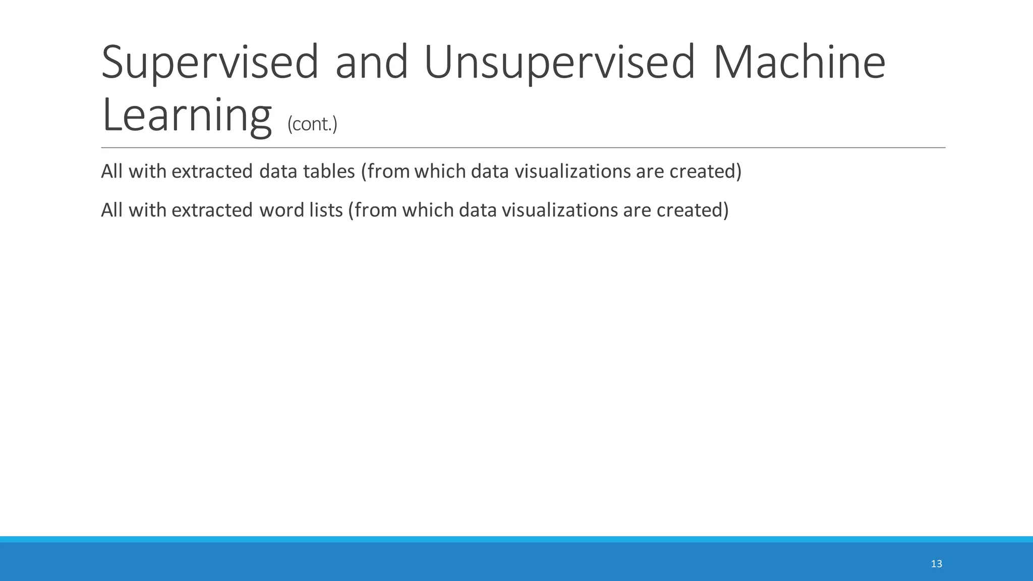 Supervised and Unsupervised Machine
Learning from Text / Text Corpora (cont.)
SUPERVISED OR SEMI-SUPERVISED (WITH
DIRECT HUMAN INPUTS)
Uses of human-labeled data
UNSUPERVISED (WHOLLY BASED ON
COMPUTER ALGORITHM)
◦ Word similarity clustering (and resulting 2D and
3D word clusters) (and resulting dendrogram
visualizations, 2D and 3D cluster diagrams, ring
lattice graphs)
◦ Word proximity clustering (and resulting
dendrogram visualizations, 2D and 3D word
clusters diagrams, ring lattice graphs)
◦ Clustering from factor analysis
◦ Topic modeling or theme/subtheme extraction
through unsupervised machine learning (with
intensity matrices, bar charts, hierarchy
diagrams like treemaps and sunbursts)
13
 