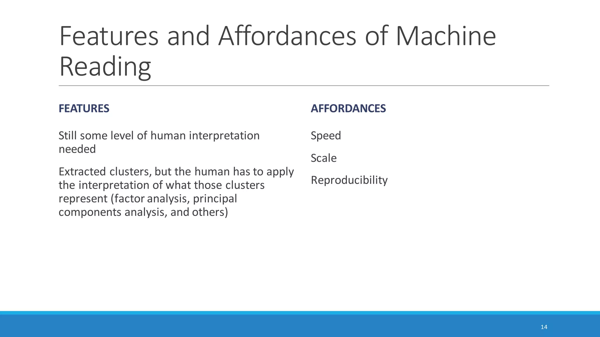 Supervised and Unsupervised Machine
Learning from Text / Text Corpora (cont.)
All with extracted data tables (from which data visualizations are created)
All with extracted word lists (from which data visualizations are created)
14
 