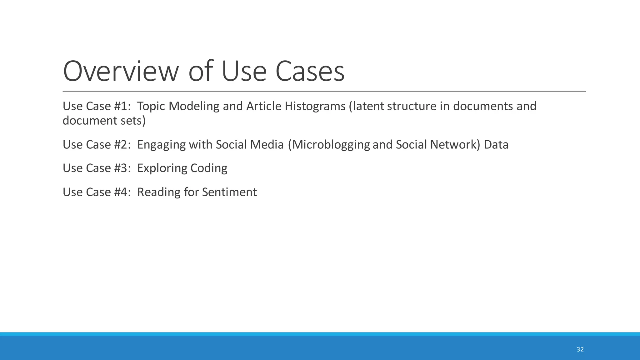 Assertability
It helps to know what may be asserted from the respective machine reading processes, so the
findings may be accurately represented.
Also, many researchers use multiple processes and outside-understandings in order to
contextualize the data from machine reading. Those insights should be properly couched as
well.
32
 