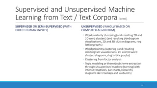 Supervised and Unsupervised Machine
Learning from Text / Text Corpora
SUPERVISED OR SEMI-SUPERVISED (WITH
DIRECT HUMAN INPUTS)
Coding by existing pattern (computer emulates
human coding over part of a text set and
codes the rest of the text set, based on human
coding examples)
XML coding and analysis of coded segments of
text
◦ Often manual coding
◦ Sometimes machine-enhanced XML coding
UNSUPERVISED (WHOLLY BASED ON
COMPUTER ALGORITHM)
◦ Sentiment, emotion, cognitive, and other types
of analysis of text data
◦ Word frequency counts with stopwords lists
(and resulting word clouds, treemaps,)
◦ Word searches (and resulting word trees)
◦ Word network analysis (and resulting network
graphs)
12
 