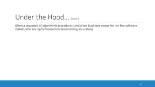 Under the Hood…
Bag of words (parsing: removal of punctuation, breaking writing apart into words) vs. structure
and context-preserving methods
Sliding “windows” for co-occurrence and proximity captures
Languages are fairly predictably structured, so statistical methods and counting can be applied
based on those patterns
Matrices are a common tool to capture relationships between words and parts of a text and
documents; all relational matrices may be re-visualized as network graphs and other types of
data visualizations
Pre-coded word sets or dictionaries are often used for sentiment analysis, emotion analysis, and
the extraction of psychometric features
16
 