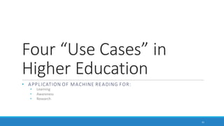 Setup of Machine Reading Processes
There are a half-dozen widely-available software programs that may be used for machine
reading of texts. Those who use high-level computer languages also have packages that enable
various types of text analysis.
It helps to know what the capabilities are for the various software tools.
It helps to know what to set the parameters at for the various processes.
It helps to know how the respective data visualizations are to be interpreted and to mitigate for
the fact that data visualizations are summary data. It is important to mitigate negative learning.
31
 
