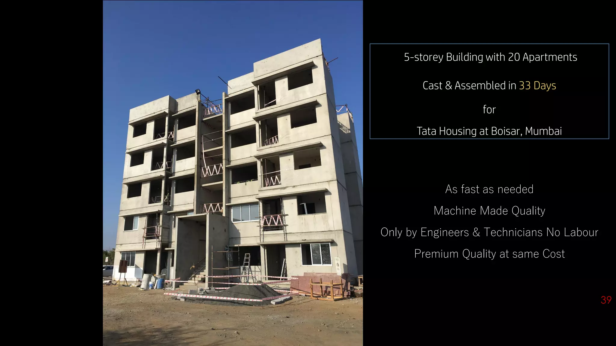 5-storey Building with 20 Apartments
Cast & Assembled in 33 Days
for
Tata Housing at Boisar, Mumbai
As fast as needed
Machine Made Quality
Only by Engineers & Technicians No Labour
Premium Quality at same Cost
39
 